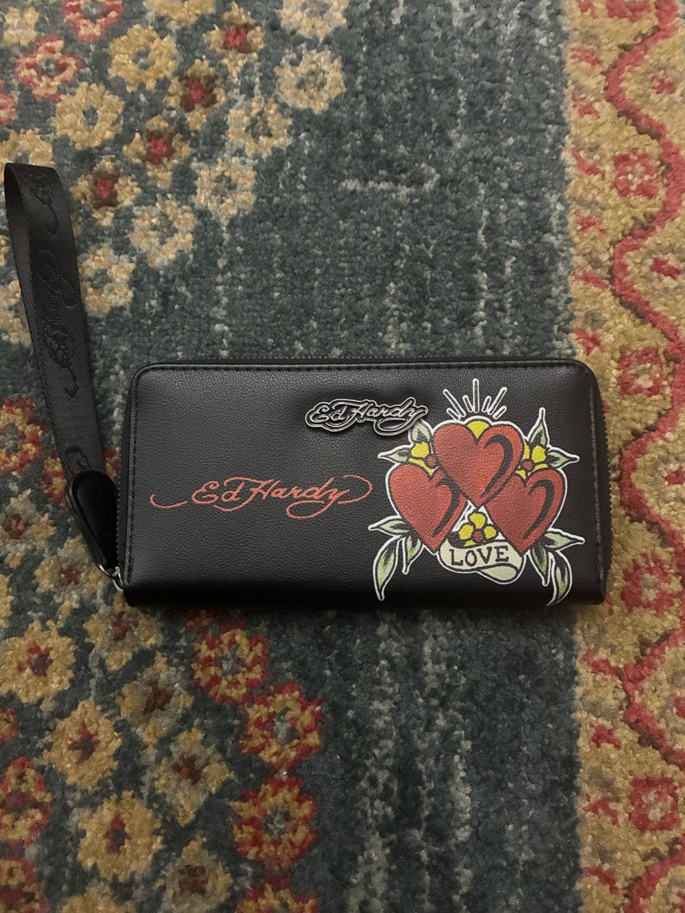 Ed Hardy Black Wallet with Red Heart Tattoo Graphic